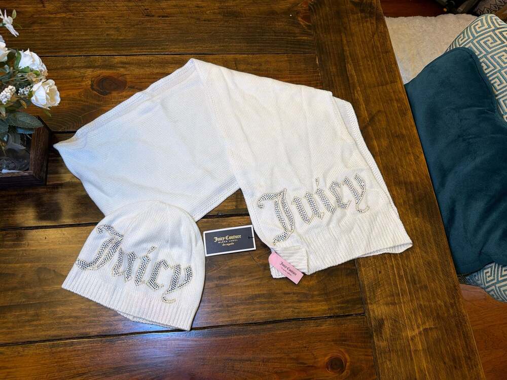 Juicy Couture Black Label White Jersey Muffler Scarf and Beanie Studded Set